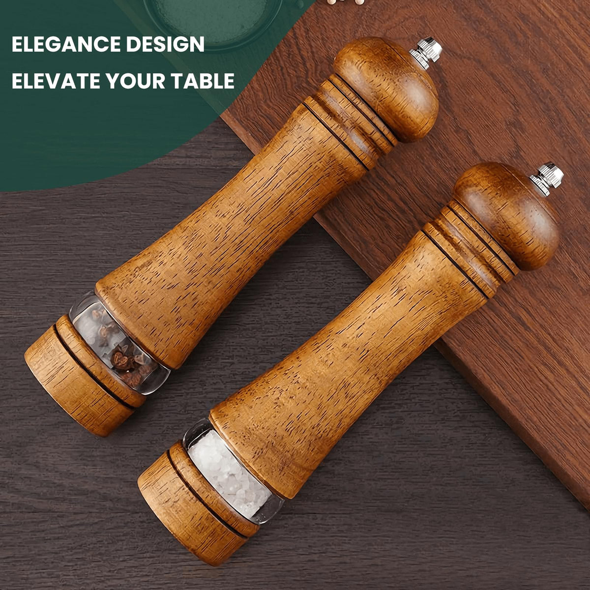 Close-up of Mosuniro wooden grinders showing dual spice chambers and elegant design.