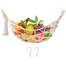 Motarna fruit hammock with hooks installation shows secure cabinet mounting option.