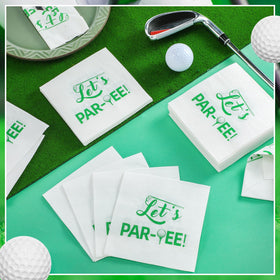 MotiMind bright green white napkins add color to any golf party decor.