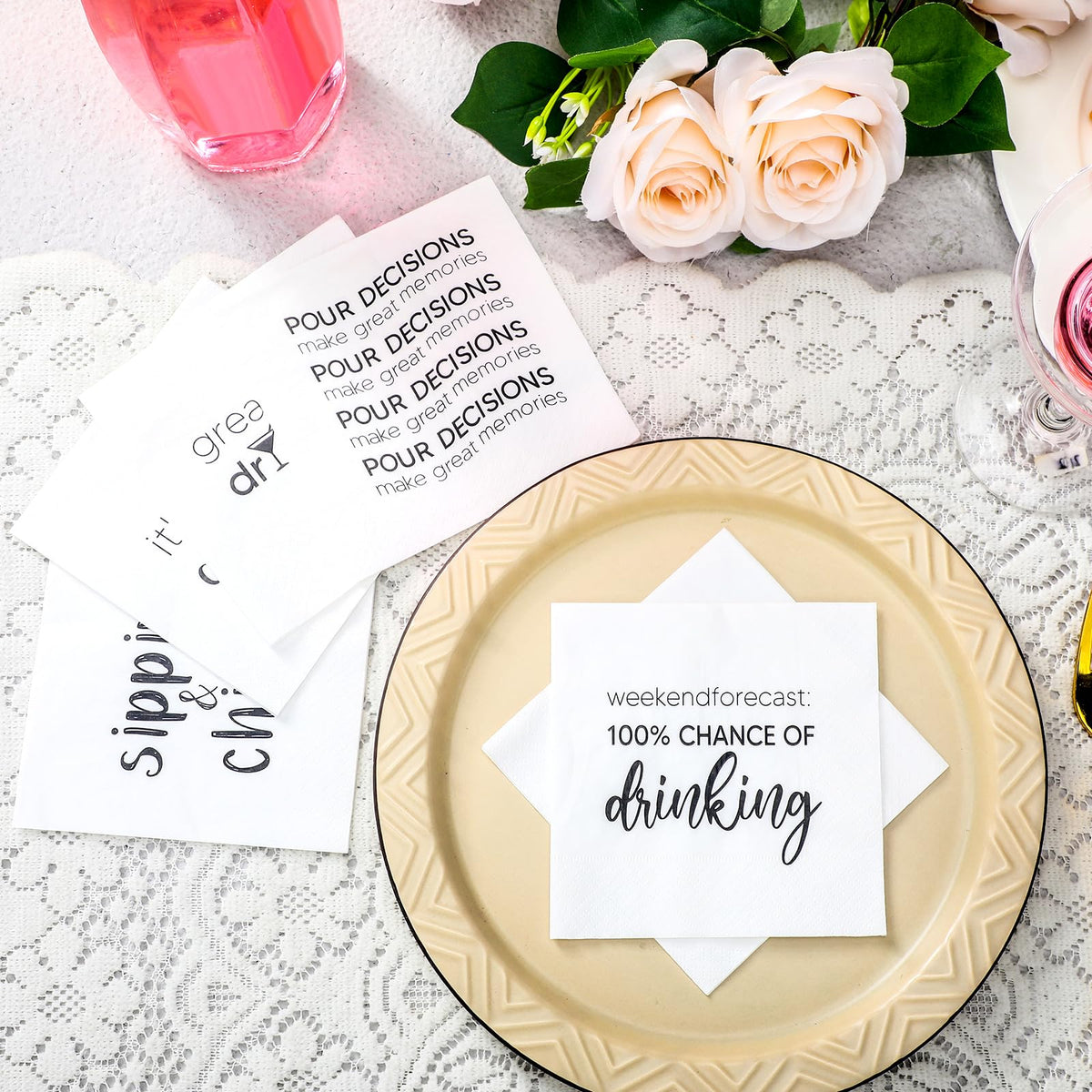 MotiMind white napkins with black font elevate wedding reception decor