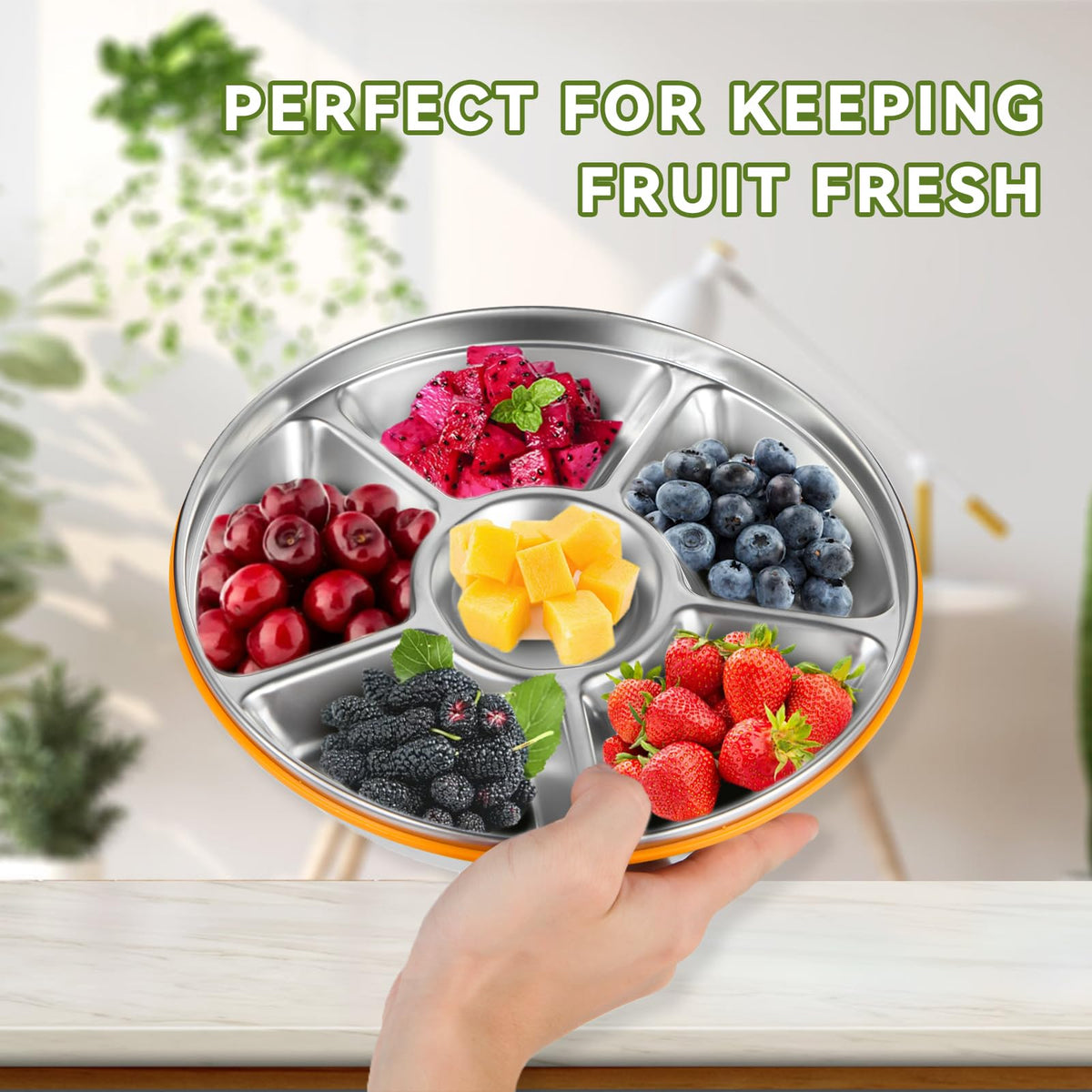 Motith stainless steel tray highlights central dip compartment for sauces and dips