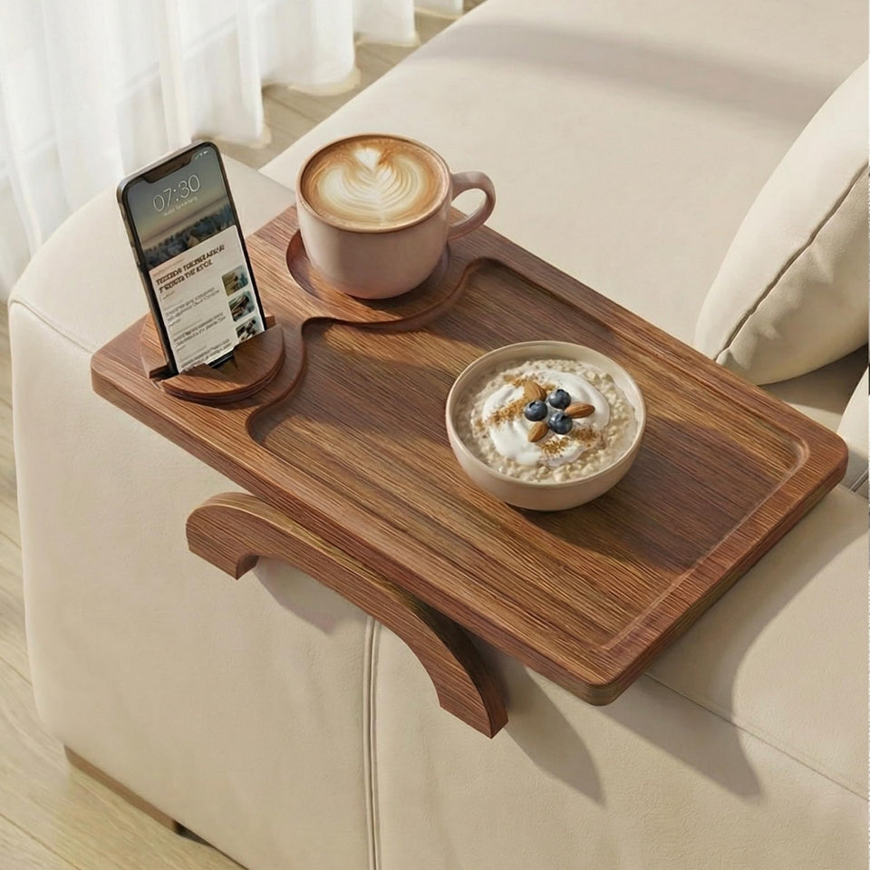 MOTOVATEC Acacia arm tray on a sofa arm for easy drinks and remotes.