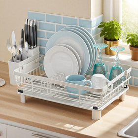 MOUKABAL white kitchen rack complements decor while keeping surfaces tidy.