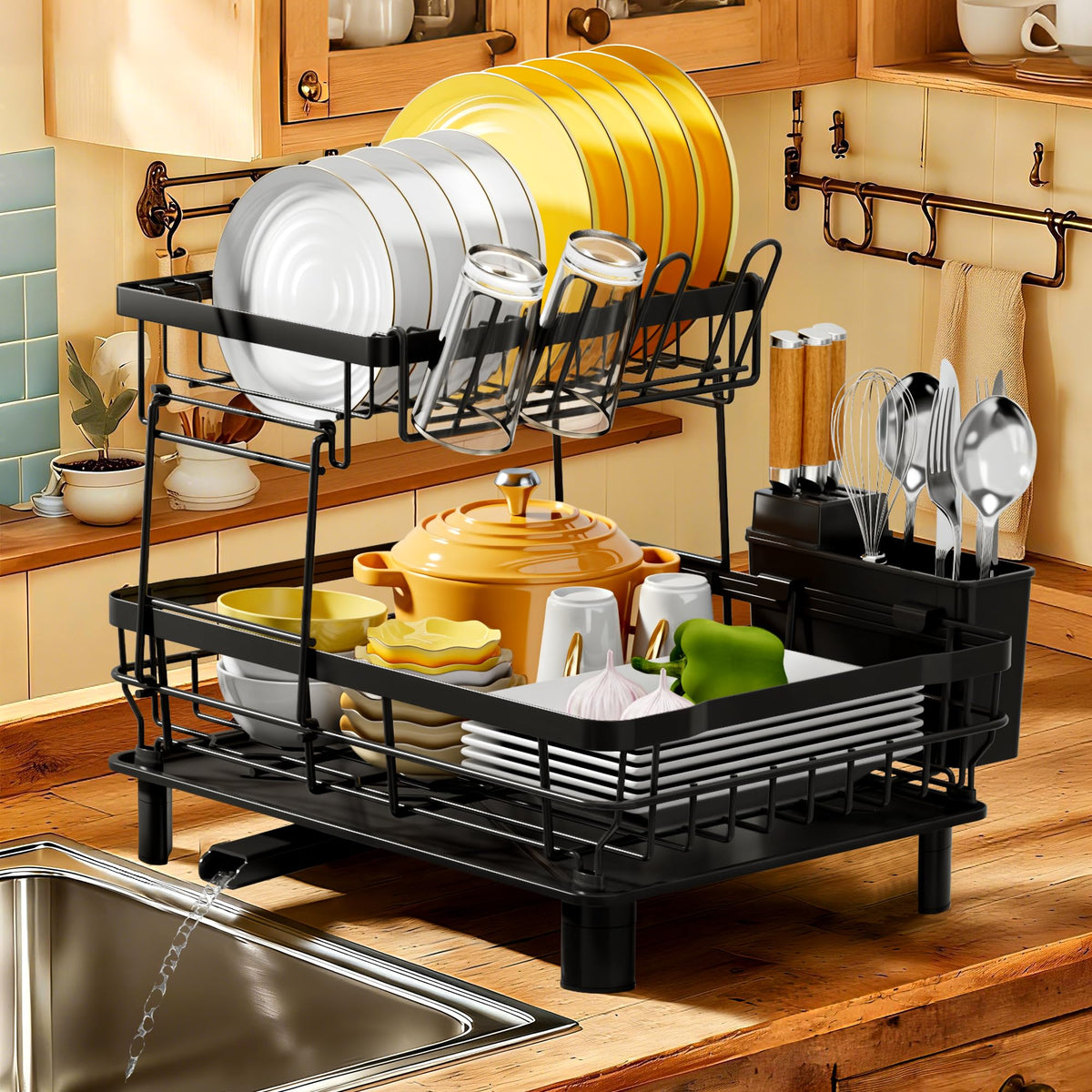 MOUKABAL dish drying rack with stainless steel and drainboard keeps countertop organized