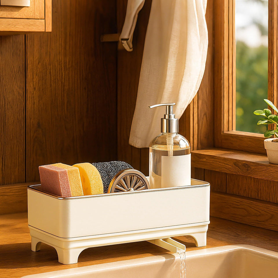 MOUKABAL sponge holder with 360° rotating drain keeps counters dry.