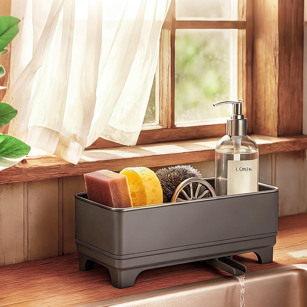 MOUKABAL sponge holder with 360° drain keeps countertops dry
