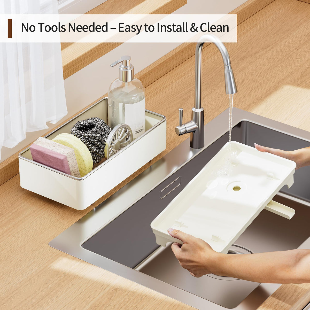 MOUKABAL tool-free installation ensures a stable by-sink setup.
