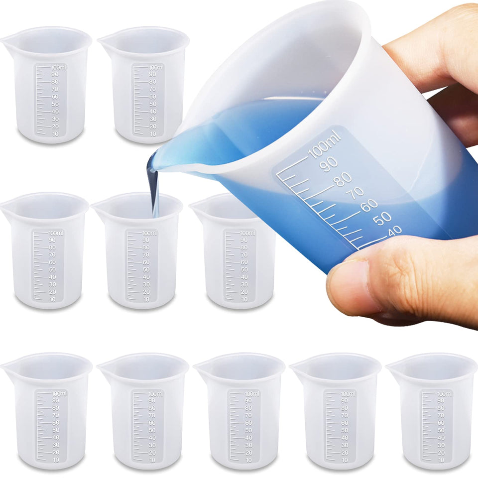 Moukiween 10-piece silicone measuring cups for resin with precise 5ml scale.