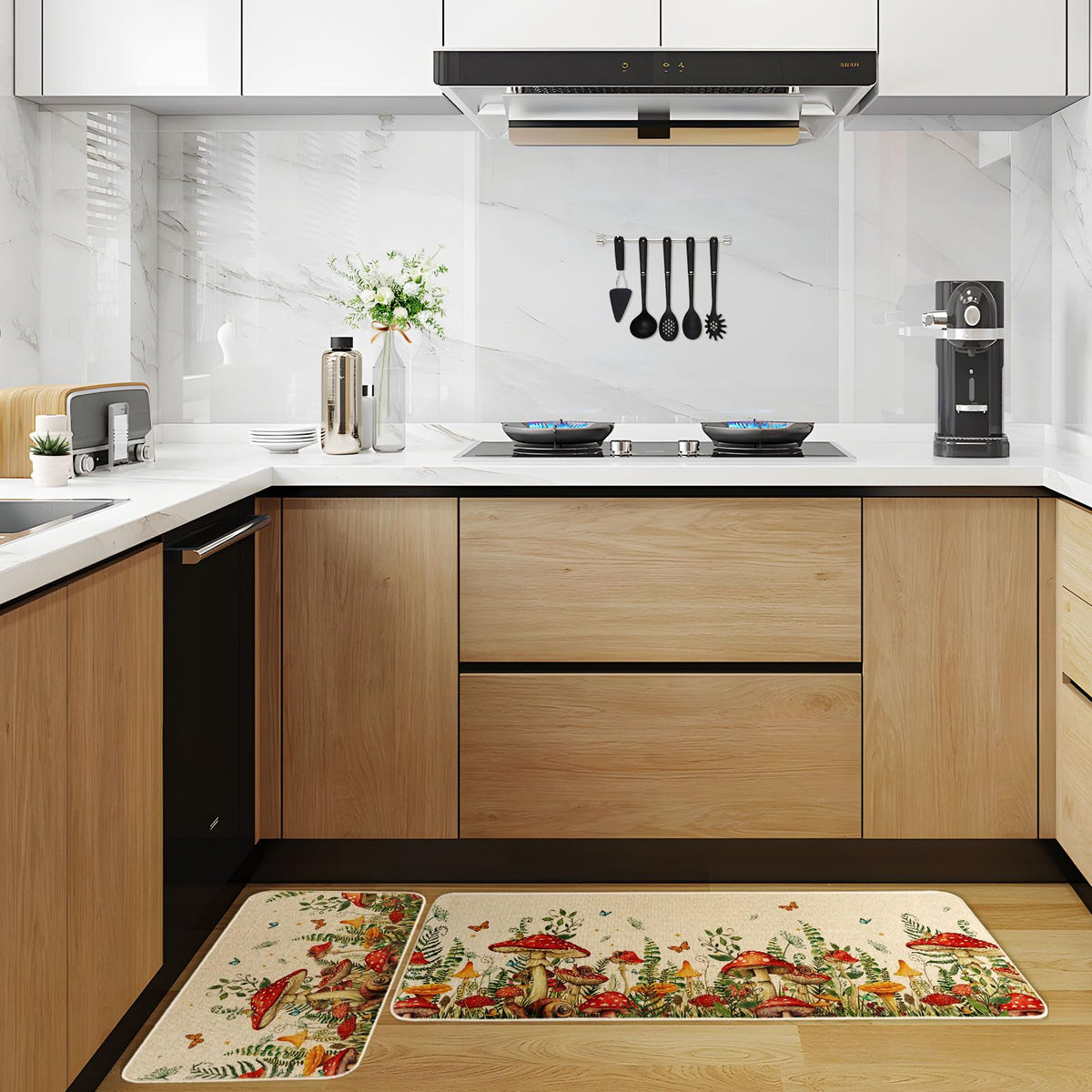 Moutina Mushroom Snail Kitchen Rug 17x29 at entryway highlights low-profile design.