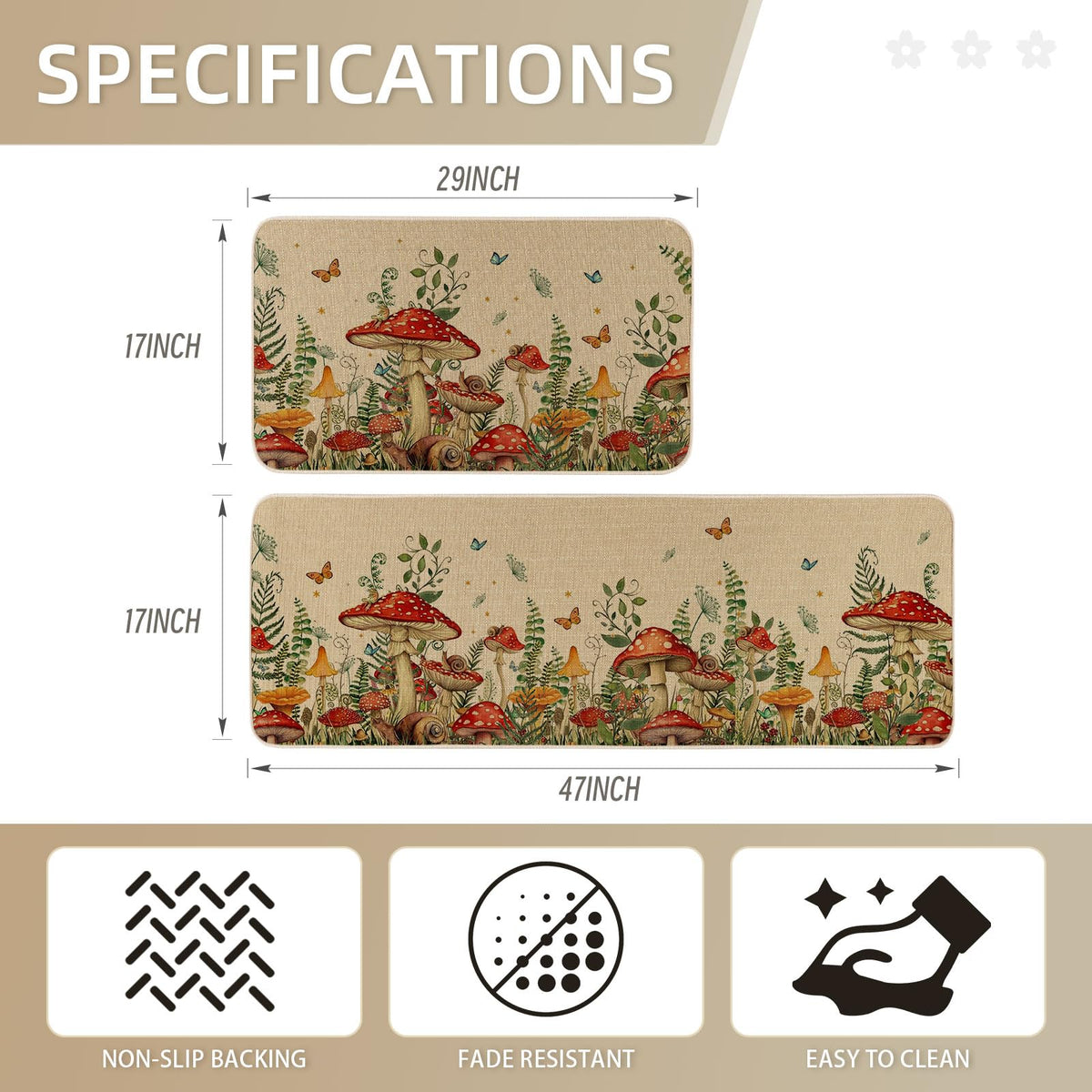 Moutina Mushroom Snail Kitchen Rug durable polyester rubber build for daily use.