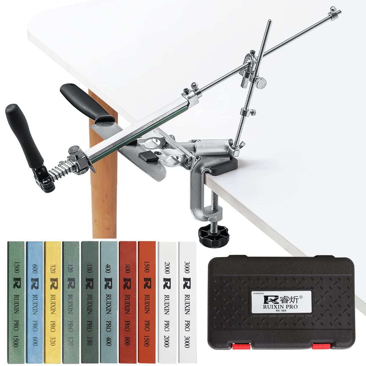 Moviron RX-009 fixed-angle sharpener secured to a counter for precise sharpening