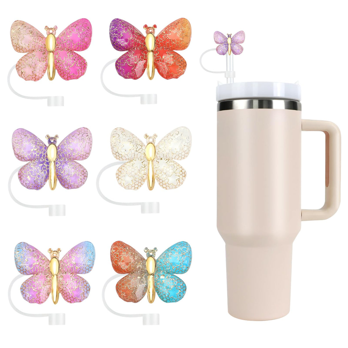 Movolivi Stanley straw cover cap with butterfly glitter adds color while helping keep straws clean.