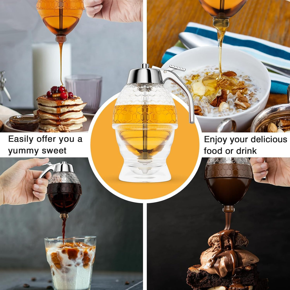 MOYAC honey dispenser with plastic top keeps contents safe and accessible