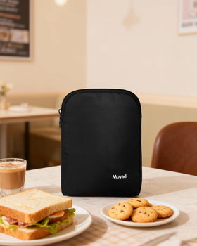 Moyad insulated pouch maintains temperature for meals at work.