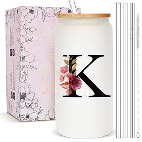 Mozaba monogrammed frosted glass tumbler with floral initials for stylish coffee moments.