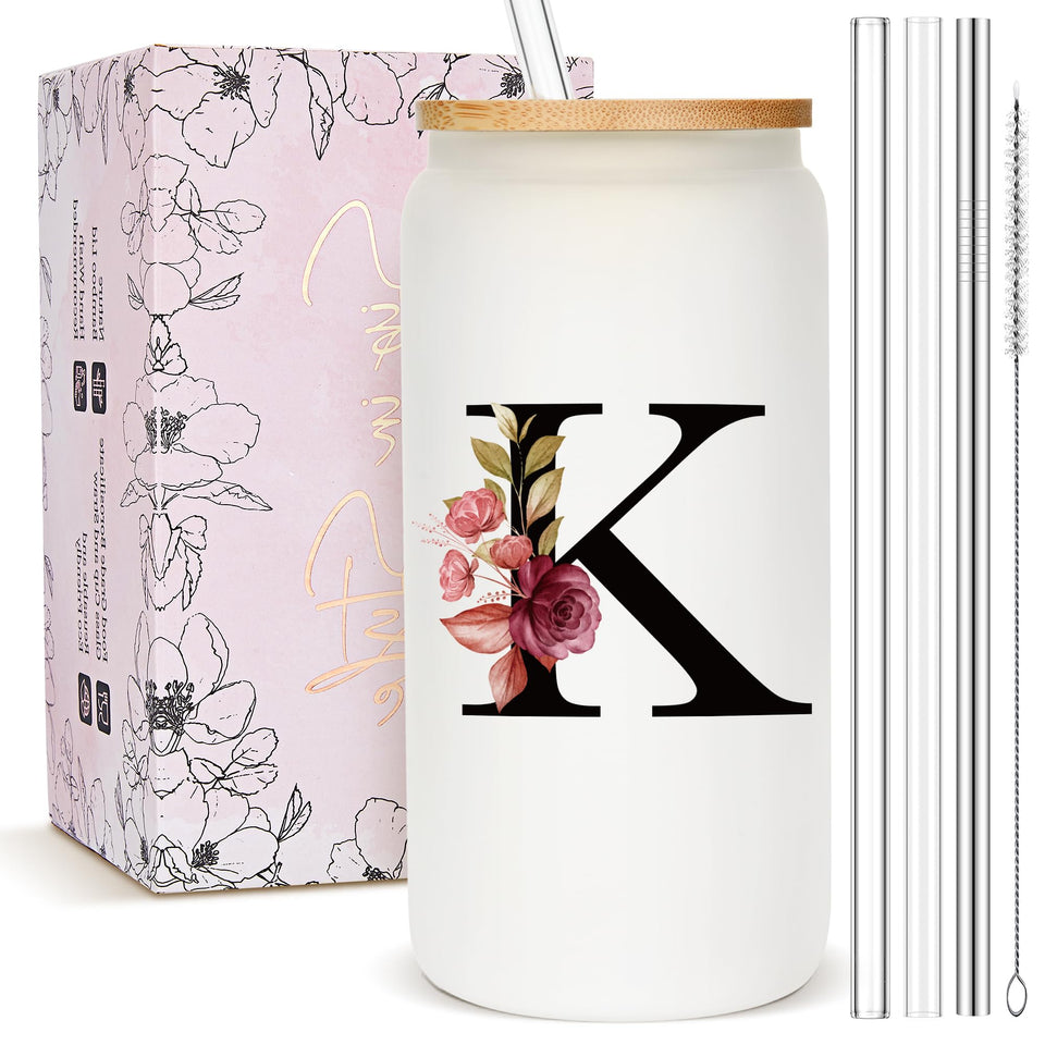 Mozaba monogrammed frosted glass tumbler with floral initials for stylish coffee moments.