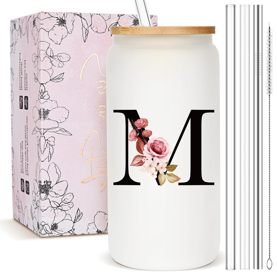 Mozaba monogrammed frosted glass tumbler with straw and lid for stylish hydration