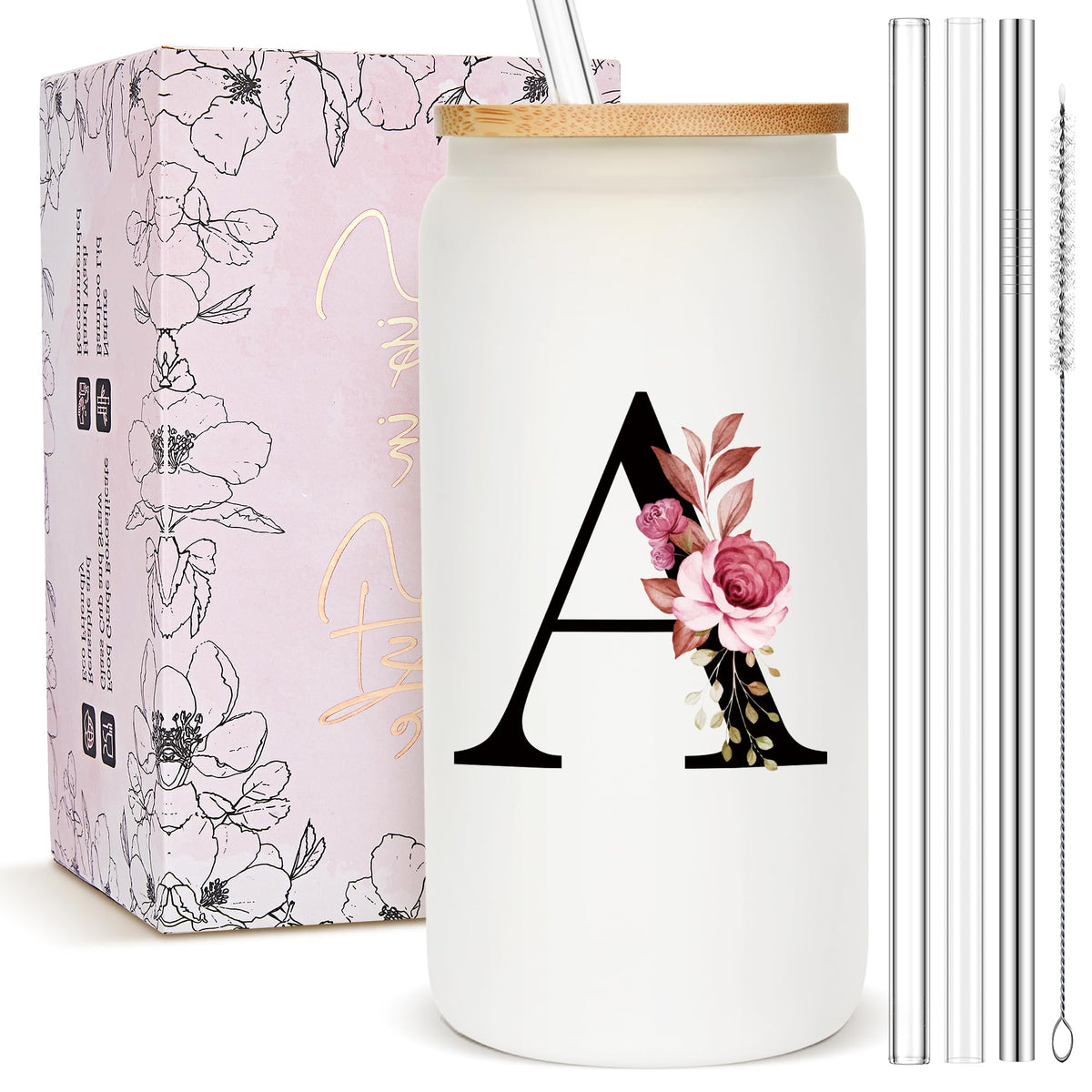 Mozaba monogrammed tumbler with flowers and letters for a stylish gift.