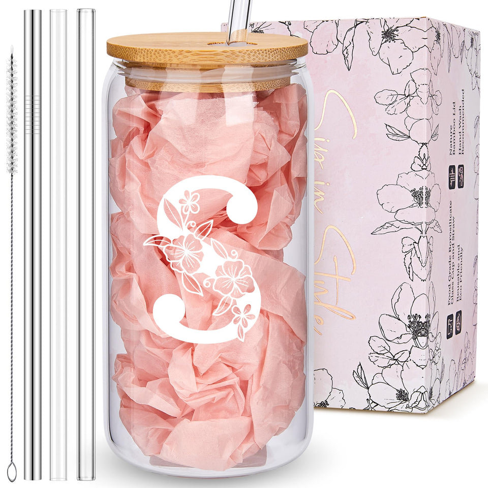 Mozaba personalized tumbler with monogram glass lid and straws for daily coffee