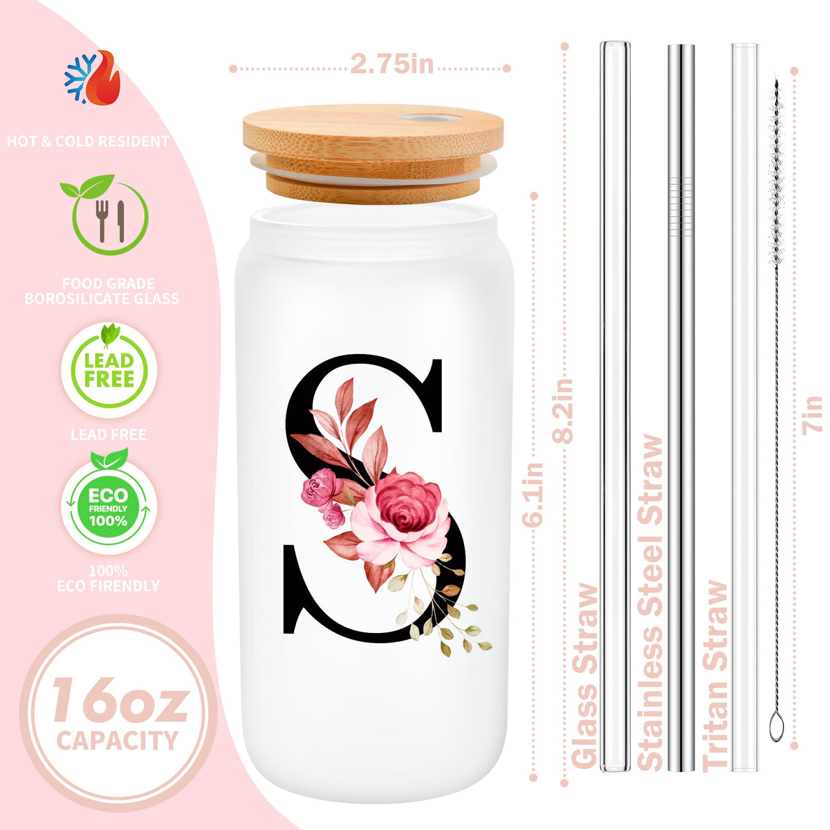 Mozaba personalized glass cup with straw and lid featuring initials for daily reuse.