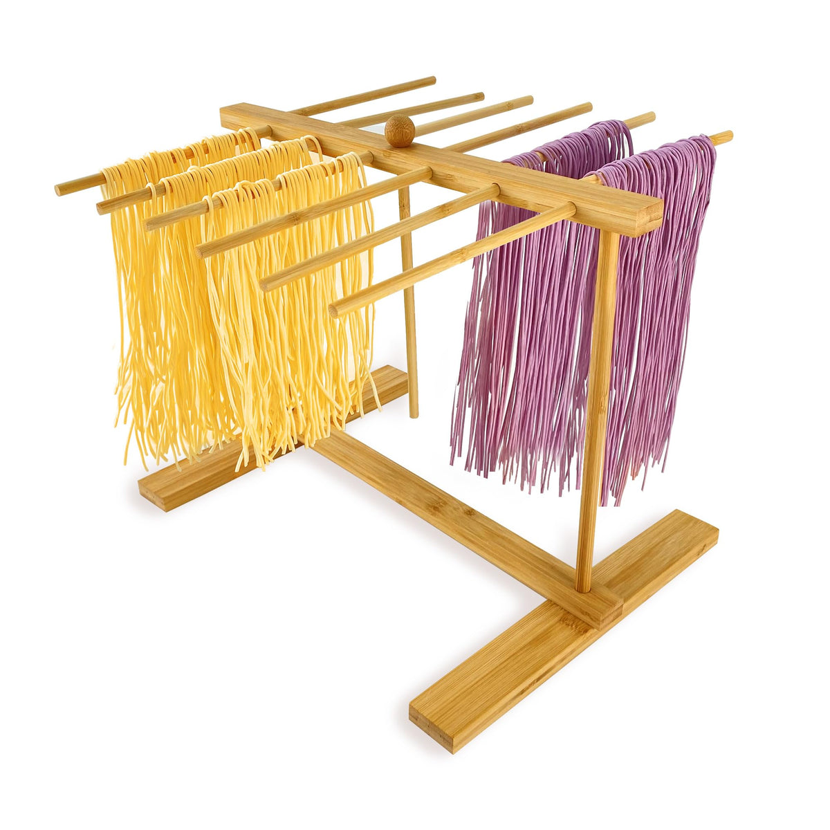 Mozphae bamboo pasta drying rack with sturdy base and wide arms for even drying.