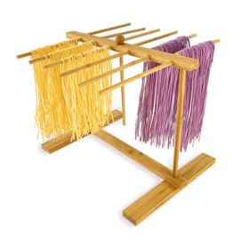 Mozphae bamboo pasta drying rack with sturdy base and wide arms for even drying.