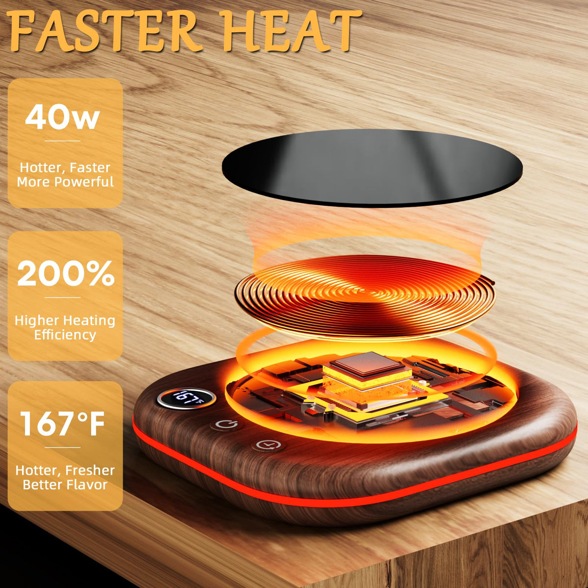 MQUPIN mug warmer offers three temperature settings for personalized warmth.