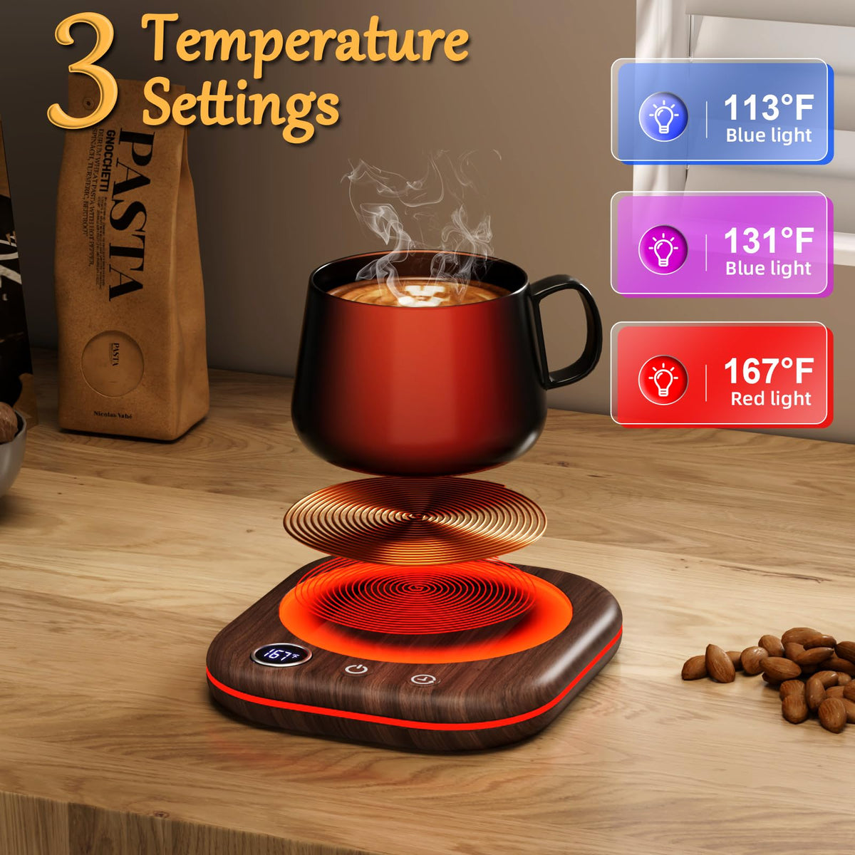 MQUPIN mug warmer shows heat levels with LED status lights at a glance.