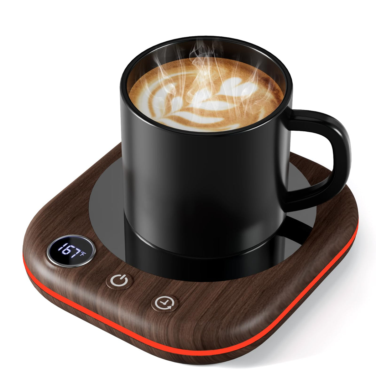 MQUPIN mug warmer with wood grain design keeps coffee warm on the desk.