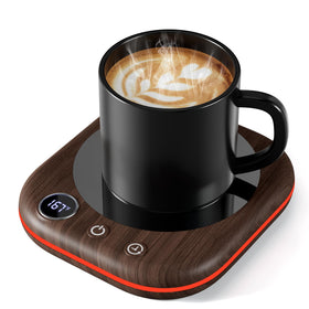 MQUPIN mug warmer with wood grain design keeps coffee warm on the desk.
