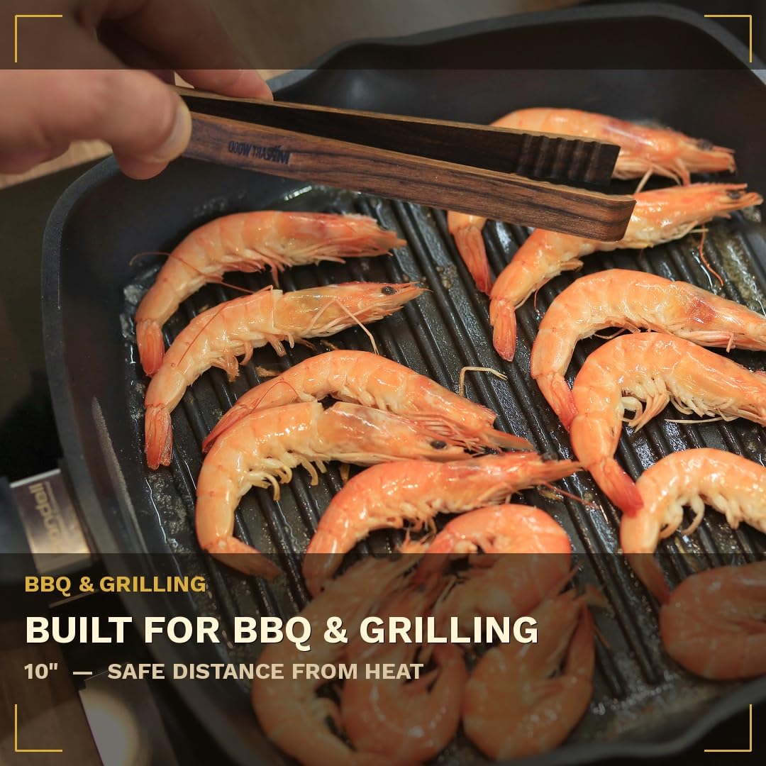 Mr.Art Wood 10-inch tongs ideal for BBQ grilling and cooking.