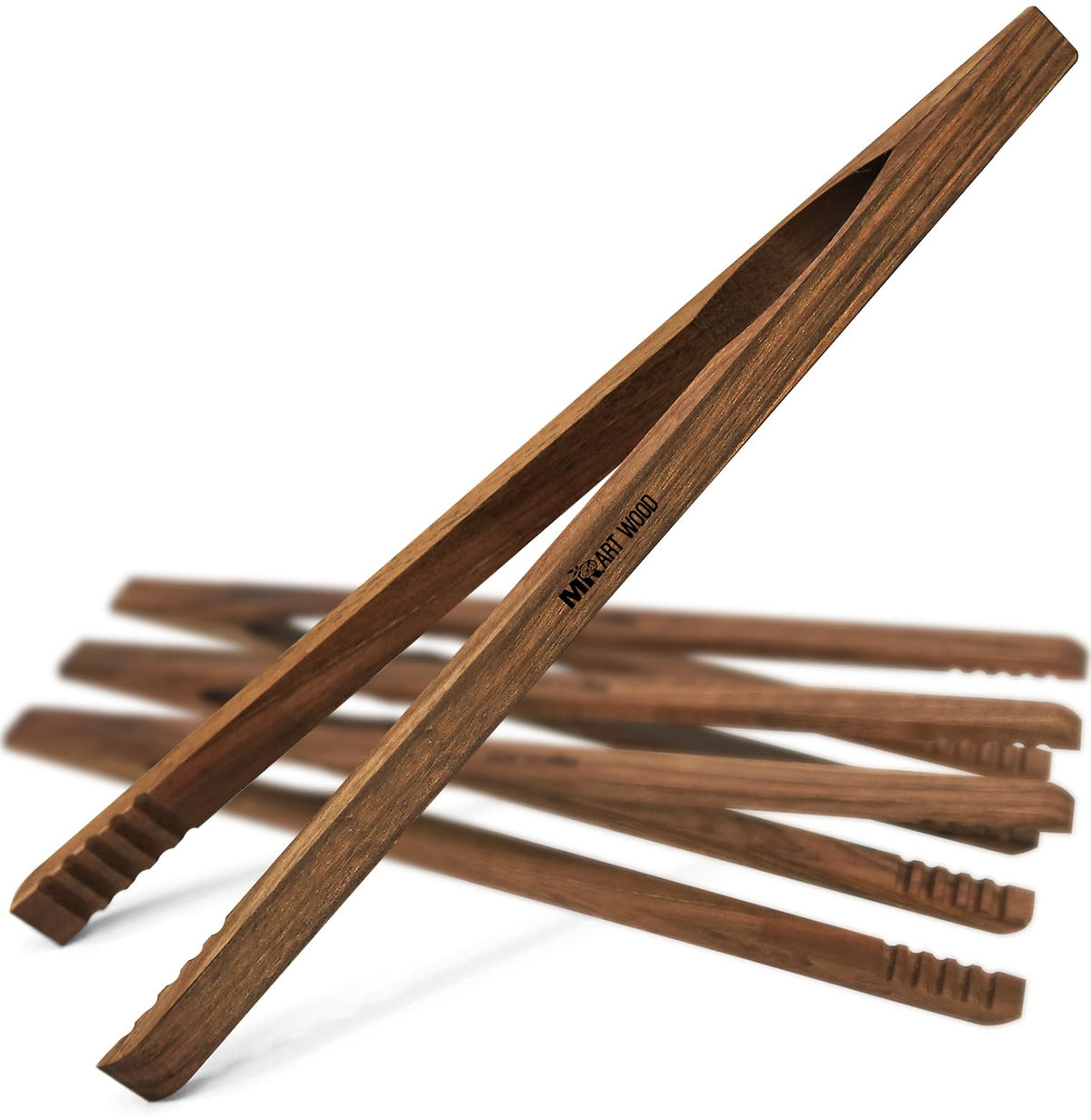 Mr.Art Wood dark toaster tongs securely grip toast for easy serving.
