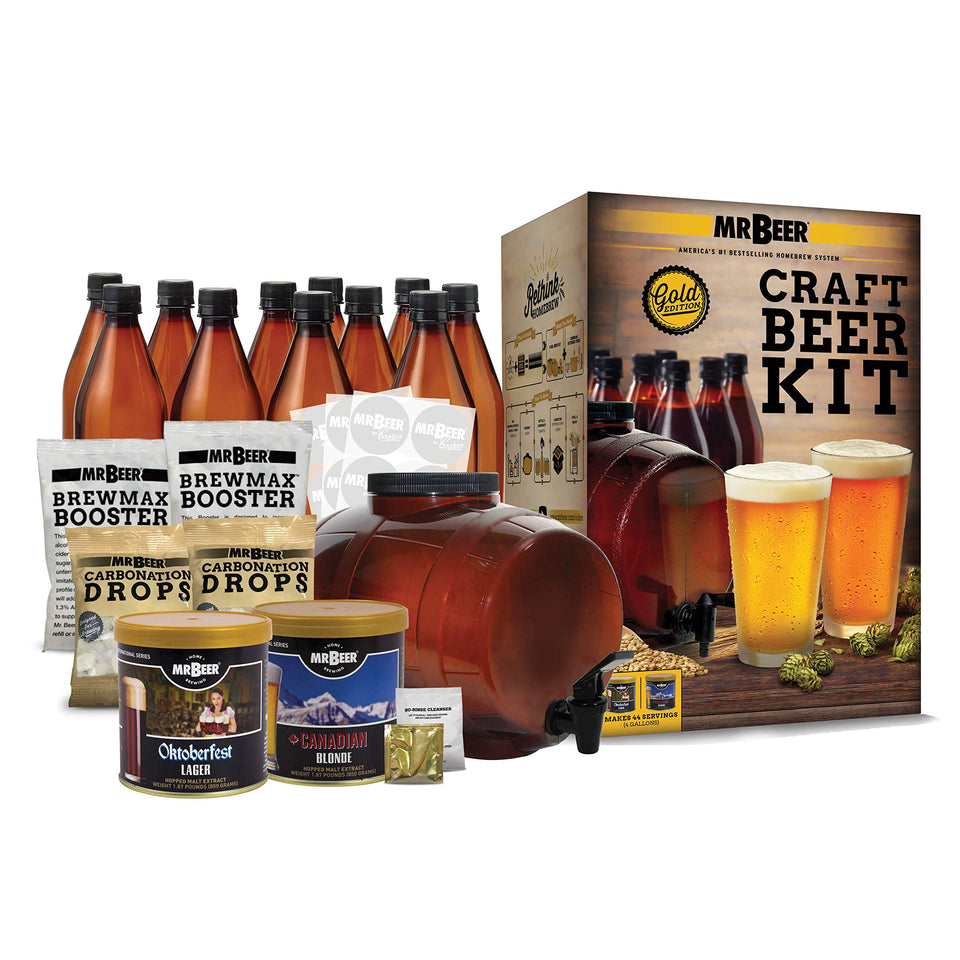 Mr. Beer kit-assembly demonstrates an all-in-one setup for easy home brewing.