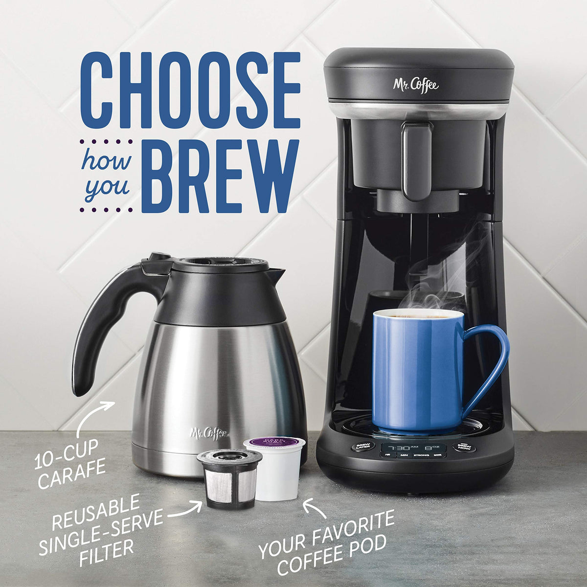 Mr. Coffee 10-cup carafe brew highlights drip coffee for busy mornings.