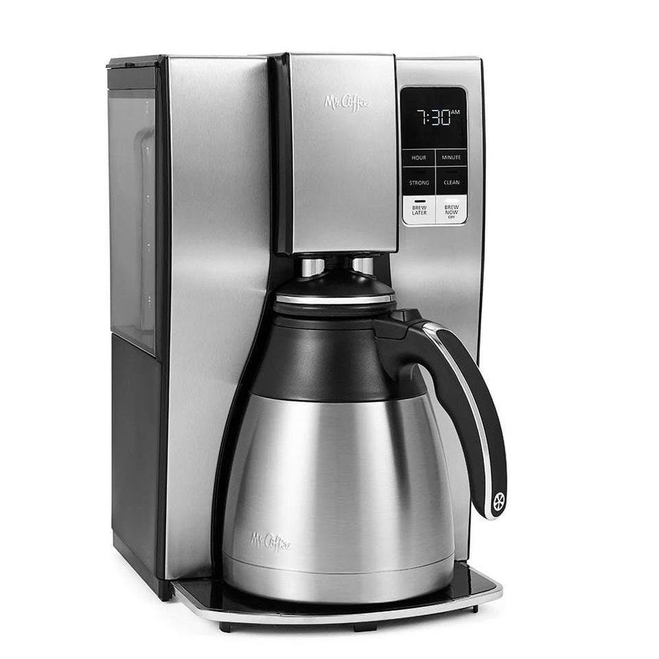 Mr. Coffee 10-Cup Programmable front view emphasizes simple controls for fast morning brewing.