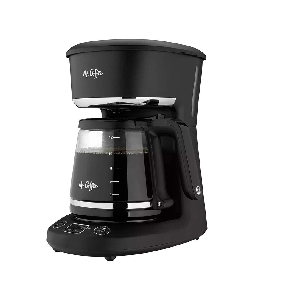 Mr. Coffee 12-Cup programmable coffeemaker front view showing compact design for countertops