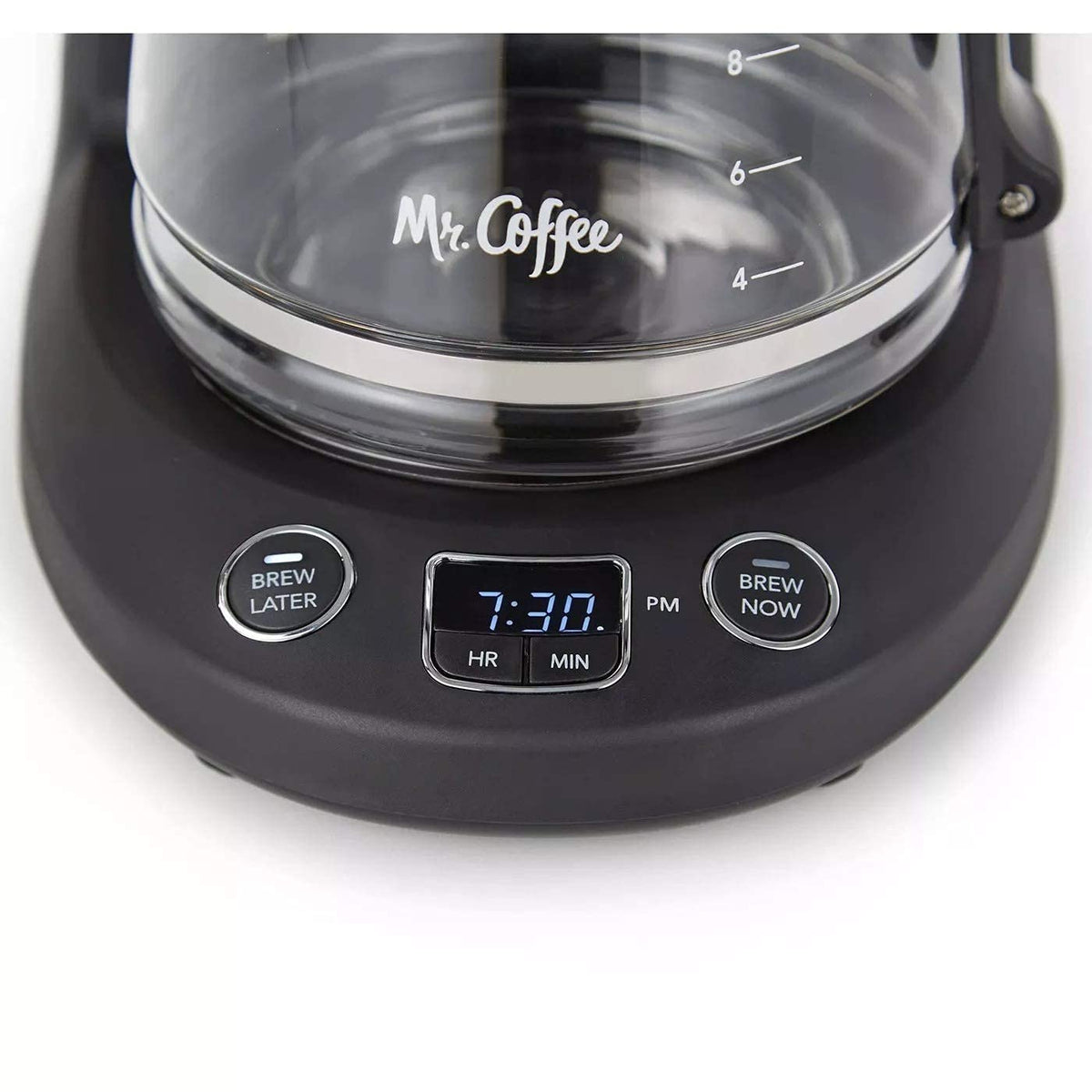 Mr. Coffee 12-Cup programmable coffeemaker grab-a-cup feature enabling quick pours mid-brew