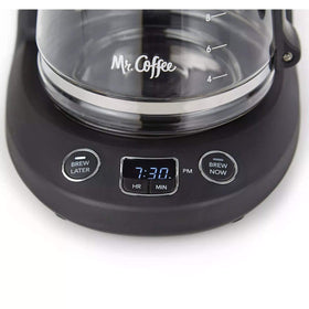 Mr. Coffee 12-Cup programmable coffeemaker grab-a-cup feature enabling quick pours mid-brew