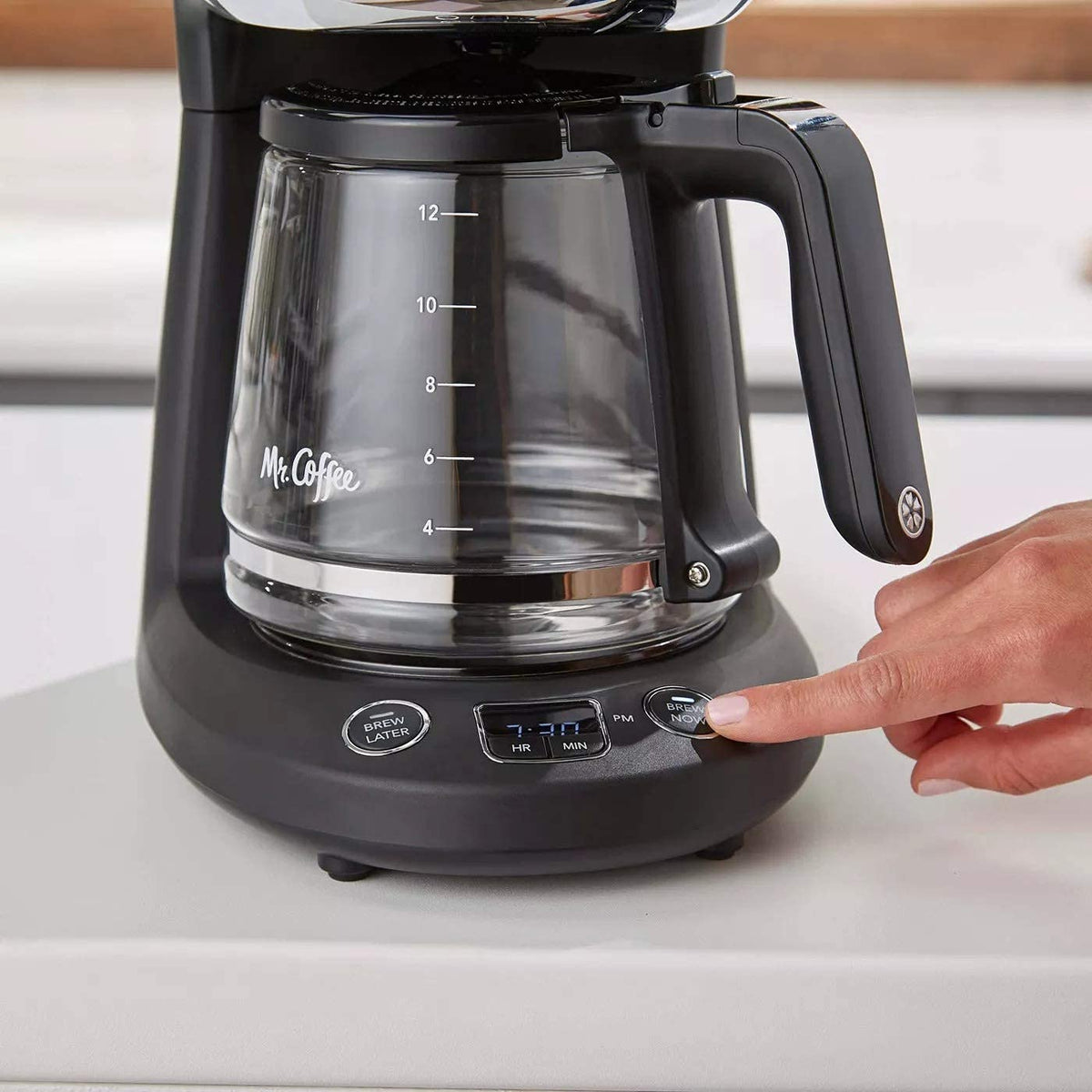 Mr. Coffee 12-Cup programmable coffeemaker water window shows level at a glance