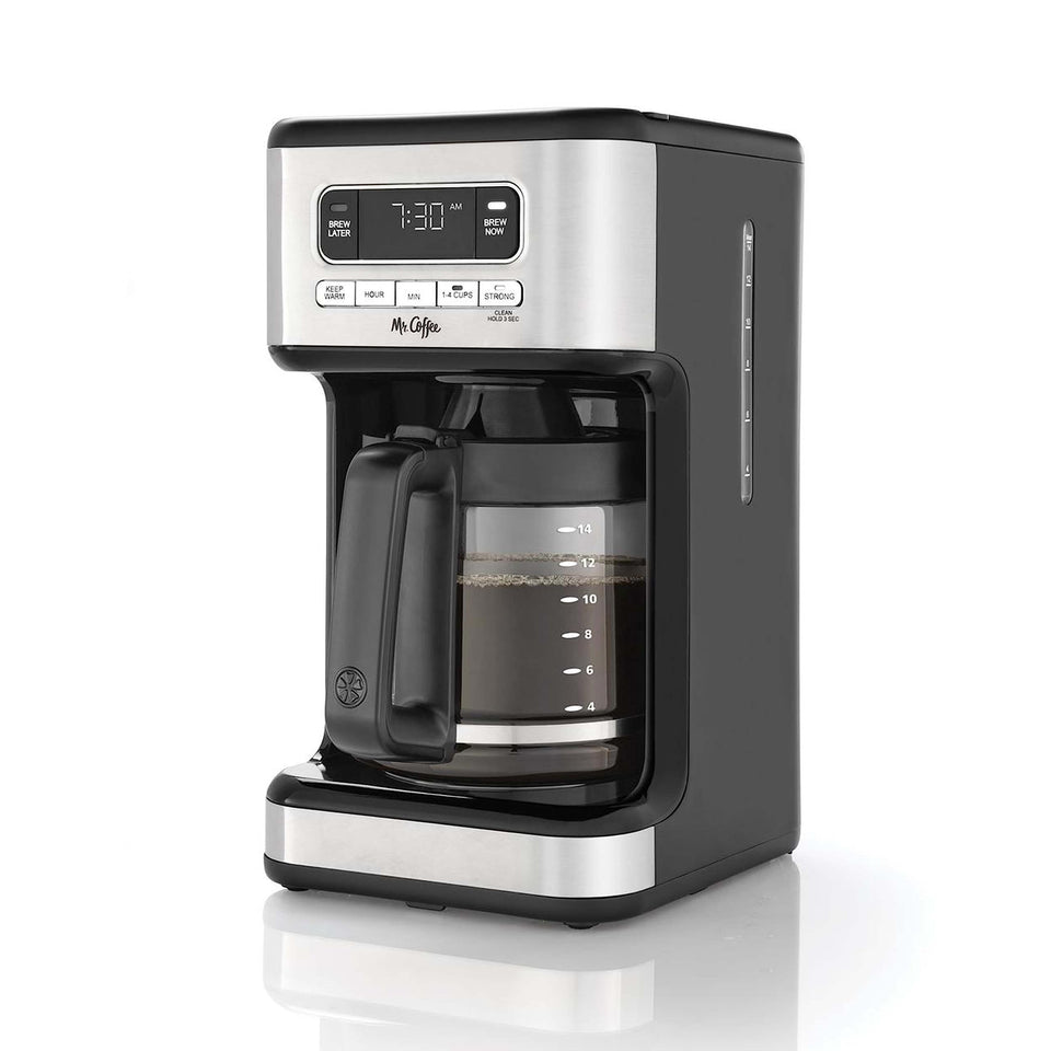 Mr. Coffee 14-cup programmable coffee maker in stainless steel, front view for daily use