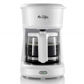 Mr. Coffee 5-Cup mini brewer front view, compact for small spaces and quick starts