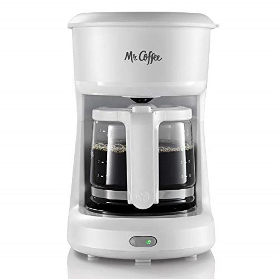 Mr. Coffee 5-Cup mini brewer front view, compact for small spaces and quick starts