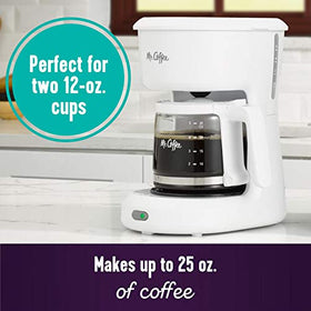 Mr. Coffee 5-Cup mini brewer side view, slim footprint for counters