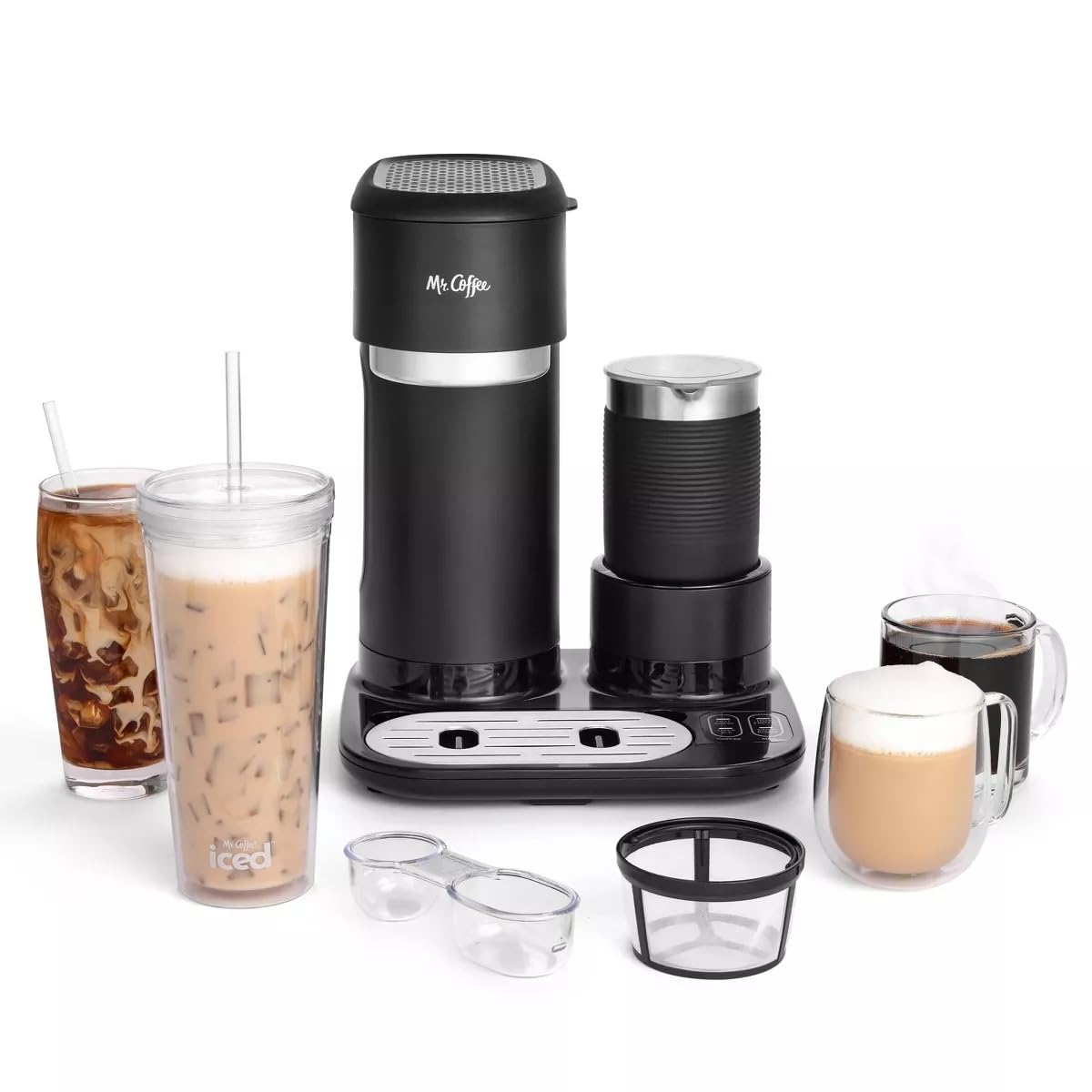 Mr. Coffee 4-in-1 latte brewer front view for compact all-in-one coffee at home.