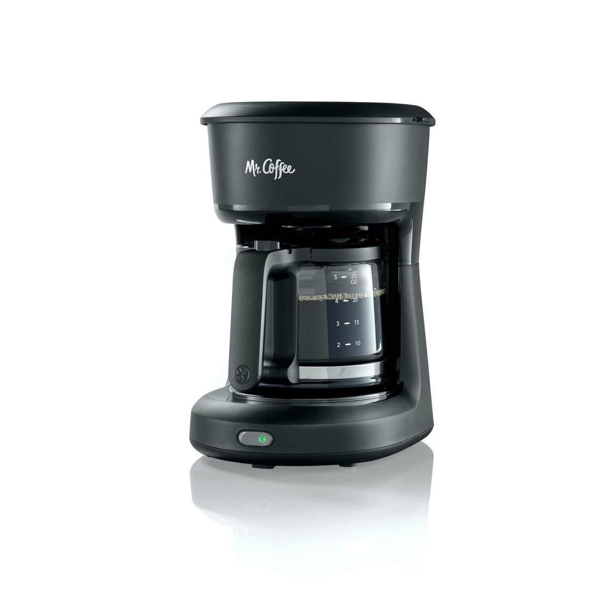 Mr. Coffee 5-Cup Mini Brew Switch in black, compact for small kitchens and quick everyday coffee.