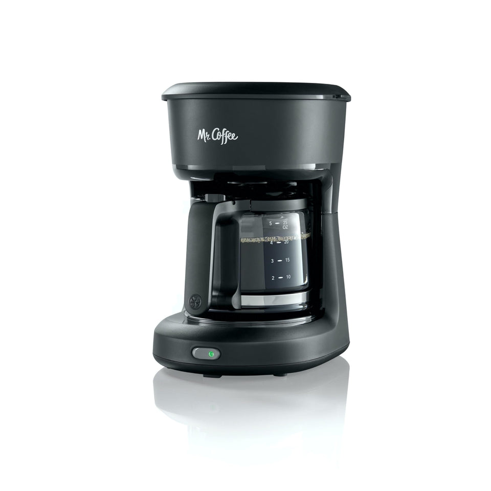 Mr. Coffee 5-Cup Mini Brew Switch in black, compact for small kitchens and quick everyday coffee.