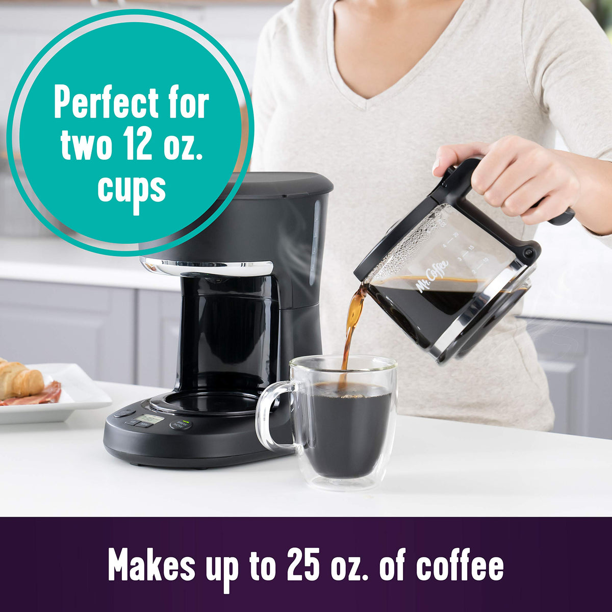 Mr. Coffee 5-Cup programmable brewer compact design in a small kitchen.