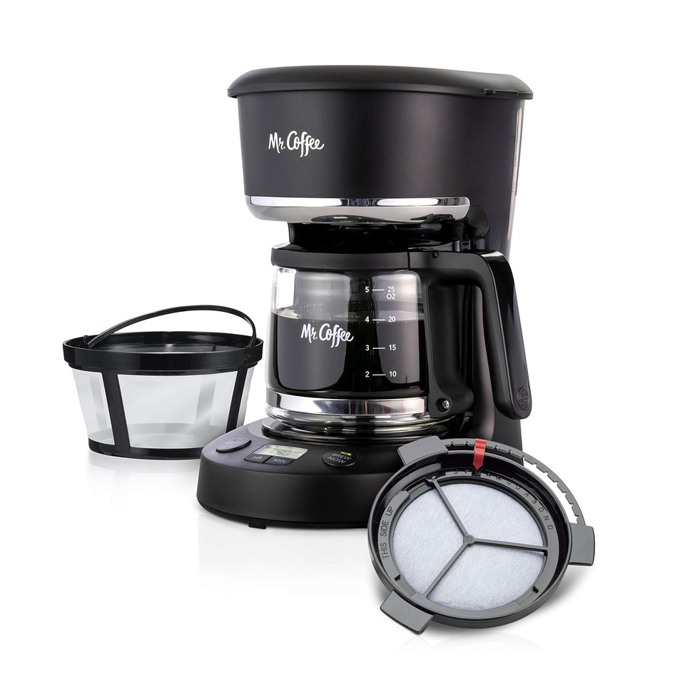 Mr. Coffee 5-Cup programmable maker front view shows compact kitchen-friendly design.