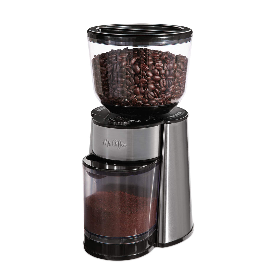 Mr. Coffee automatic burr mill grinder front view showing 18 grind settings.