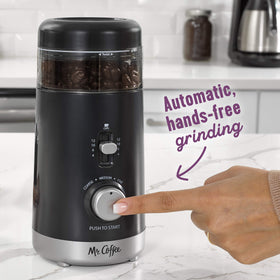 Mr Coffee grinder shows five grind settings for customizable texture